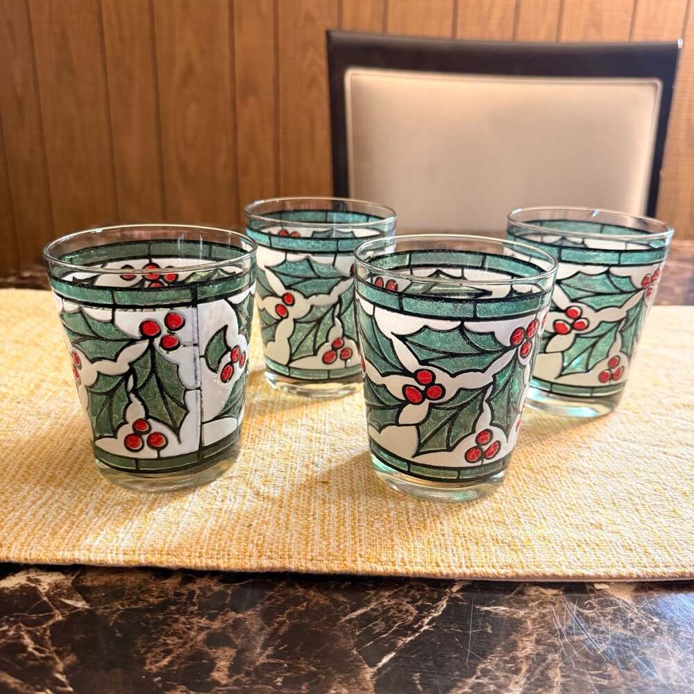 West Virginia Glass Holly Berry Stained Glass Tumbler Set